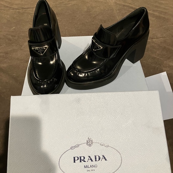 Prada Shoes - Prada Black Patent Leather Chunky Heel Loafers